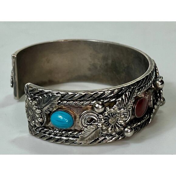 Vintage Navajo Mixed Metal Cuff Bracelet Turquoise Coral Inlay 46.3g HEAVY- 8.5” - Picture 5 of 12